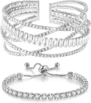 Rhinestone Cuff Bracelet for Women 2Pieces Multilayer Rhinestone Bracelet Sparkling Crystal Bridal Bracelet for Party Prom Wedding
