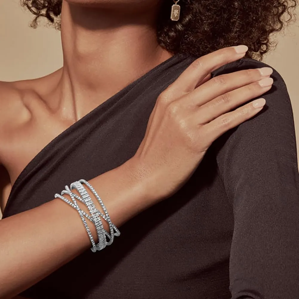 Rhinestone Cuff Bracelet for Women 2Pieces Multilayer Rhinestone Bracelet Sparkling Crystal Bridal Bracelet for Party Prom Wedding