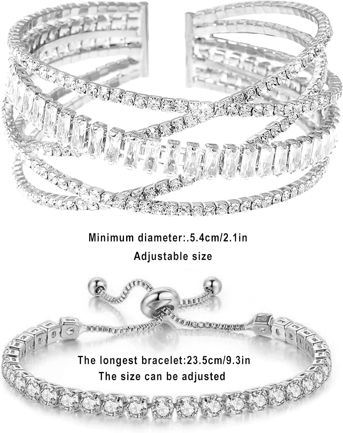 Rhinestone Cuff Bracelet for Women 2Pieces Multilayer Rhinestone Bracelet Sparkling Crystal Bridal Bracelet for Party Prom Wedding