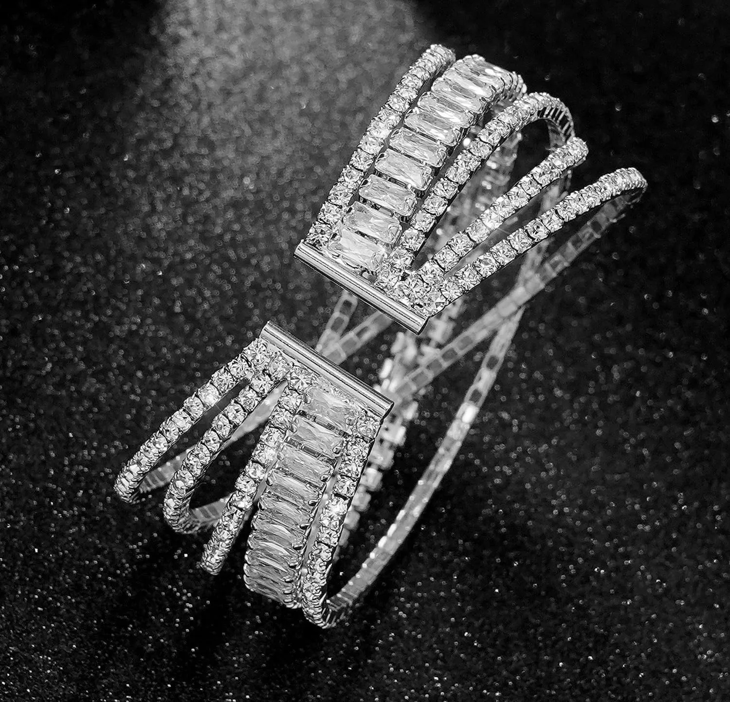 Rhinestone Cuff Bracelet for Women 2Pieces Multilayer Rhinestone Bracelet Sparkling Crystal Bridal Bracelet for Party Prom Wedding