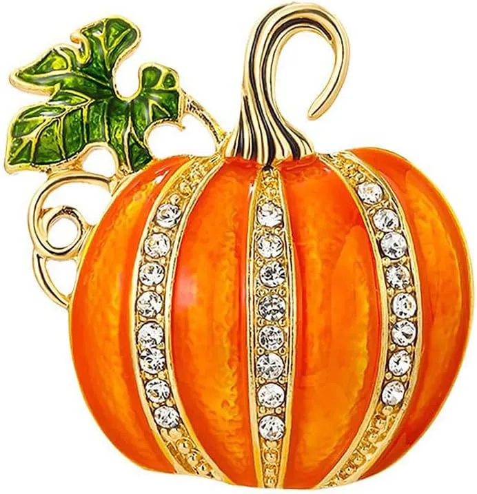 Rhinestone Pumpkin Brooch Pin for Women Girls Gold Tone Fashion Enamel Halloween Thanksgiving Green Leaf Brooches Lapel Pins Cute Fall Holiday Festival Hat Bag Suit Dress Accessories Jewelry Gift Souvenir