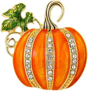Rhinestone Pumpkin Brooch Pin for Women Girls Gold Tone Fashion Enamel Halloween Thanksgiving Green Leaf Brooches Lapel Pins Cute Fall Holiday Festival Hat Bag Suit Dress Accessories Jewelry Gift Souvenir