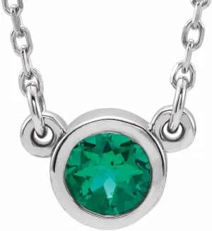 Rhodium Plated Sterling Silver 3mm Round Shape Imitation Emerald Solitaire Necklace Fine Jewelry for Women Gifts for Her, 16"