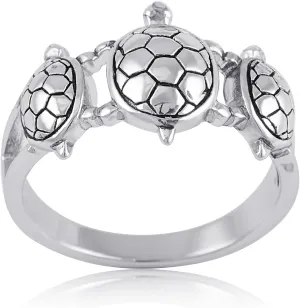 Rhodium Plated Sterling Silver Womens Turtle Family Three Turtles Ring (Size 5-10)