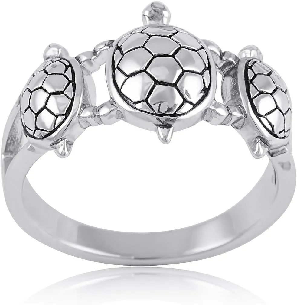 Rhodium Plated Sterling Silver Womens Turtle Family Three Turtles Ring (Size 5-10)