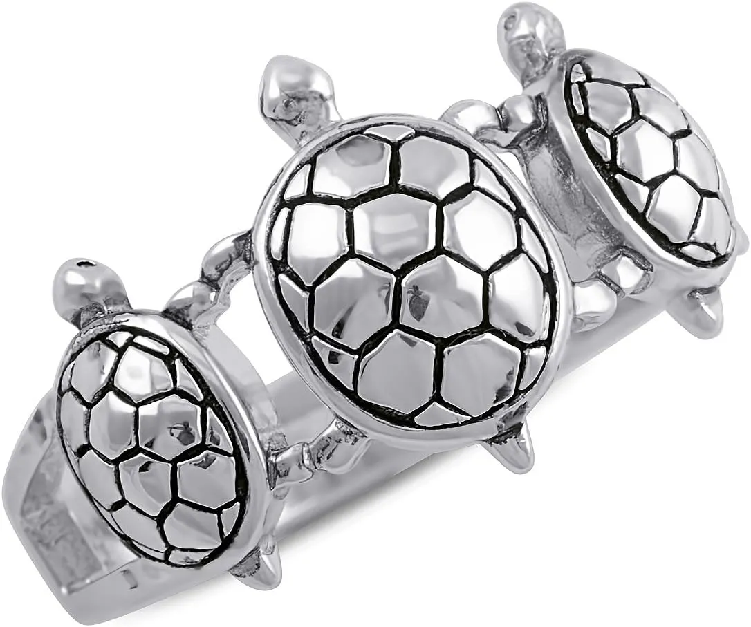 Rhodium Plated Sterling Silver Womens Turtle Family Three Turtles Ring (Size 5-10)