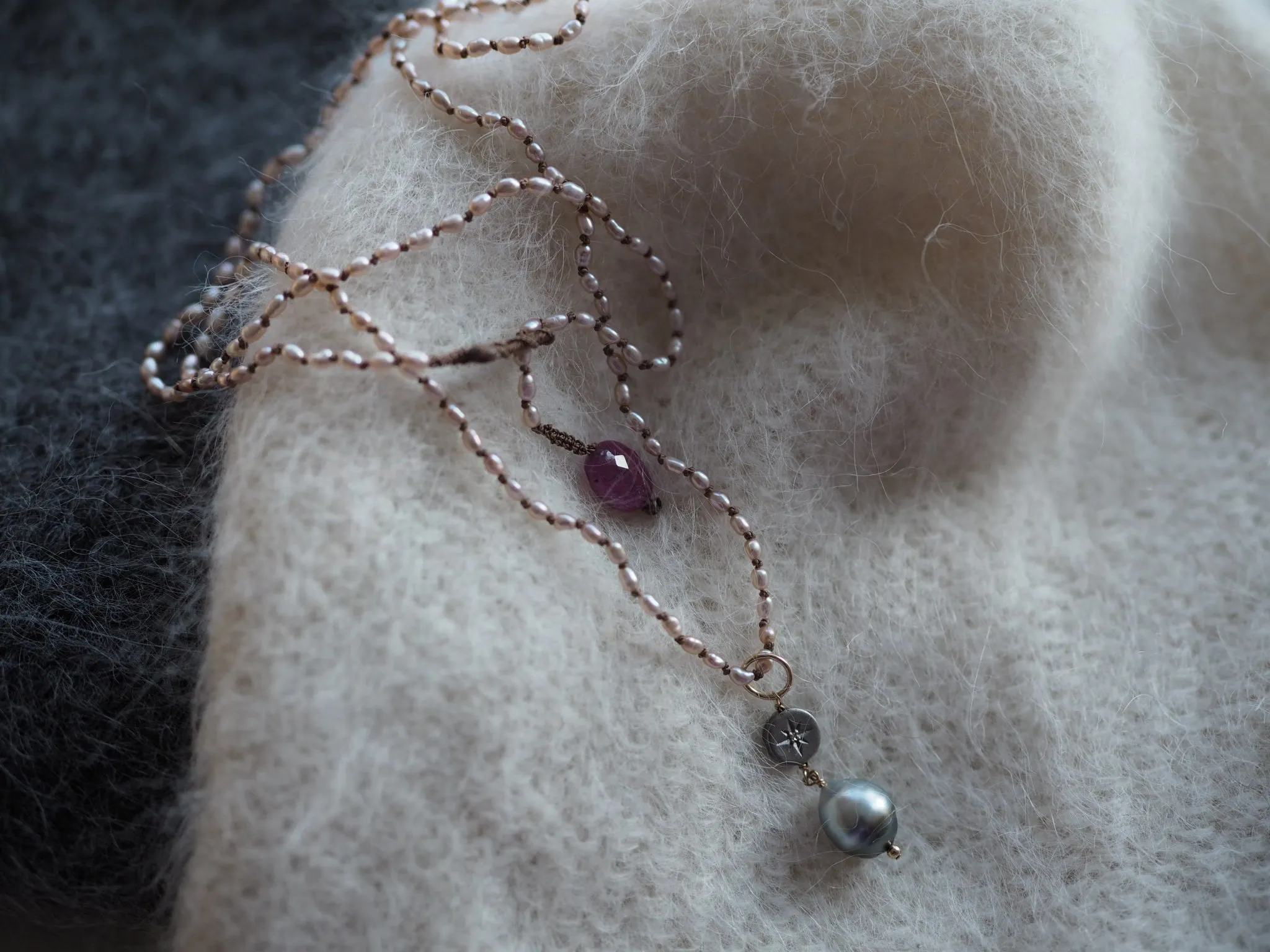 Rice pearls neckace with sterling silver charm and diamond grey south sea pearl