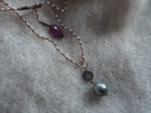 Rice pearls neckace with sterling silver charm and diamond grey south sea pearl