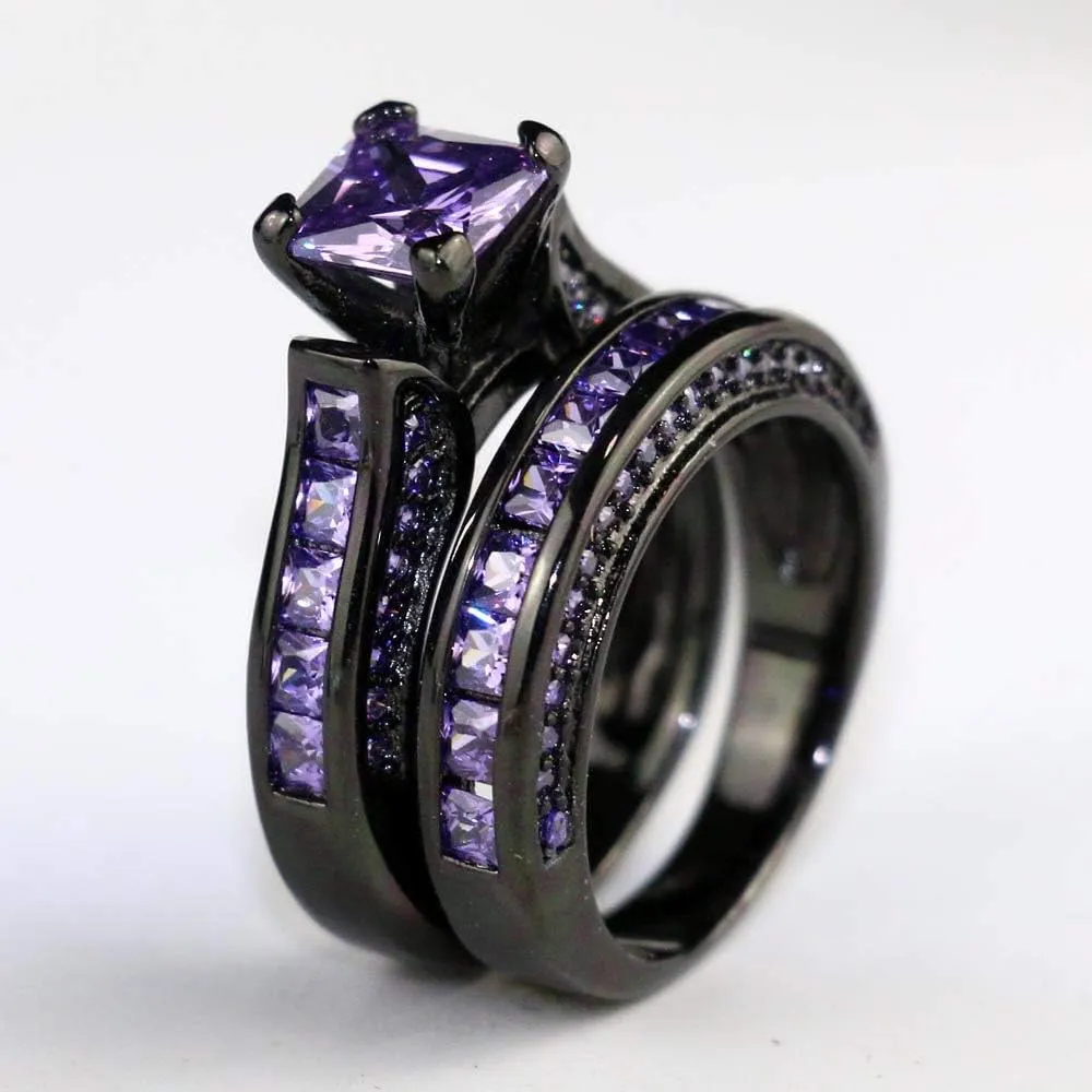 ringheart Luxury Couple Rings Black Gold Filled Princess Cut Purple Cz Womens Wedding Ring Sets Man Tungsten Wedding BandPlease 2 Two Rings for 1 Pair