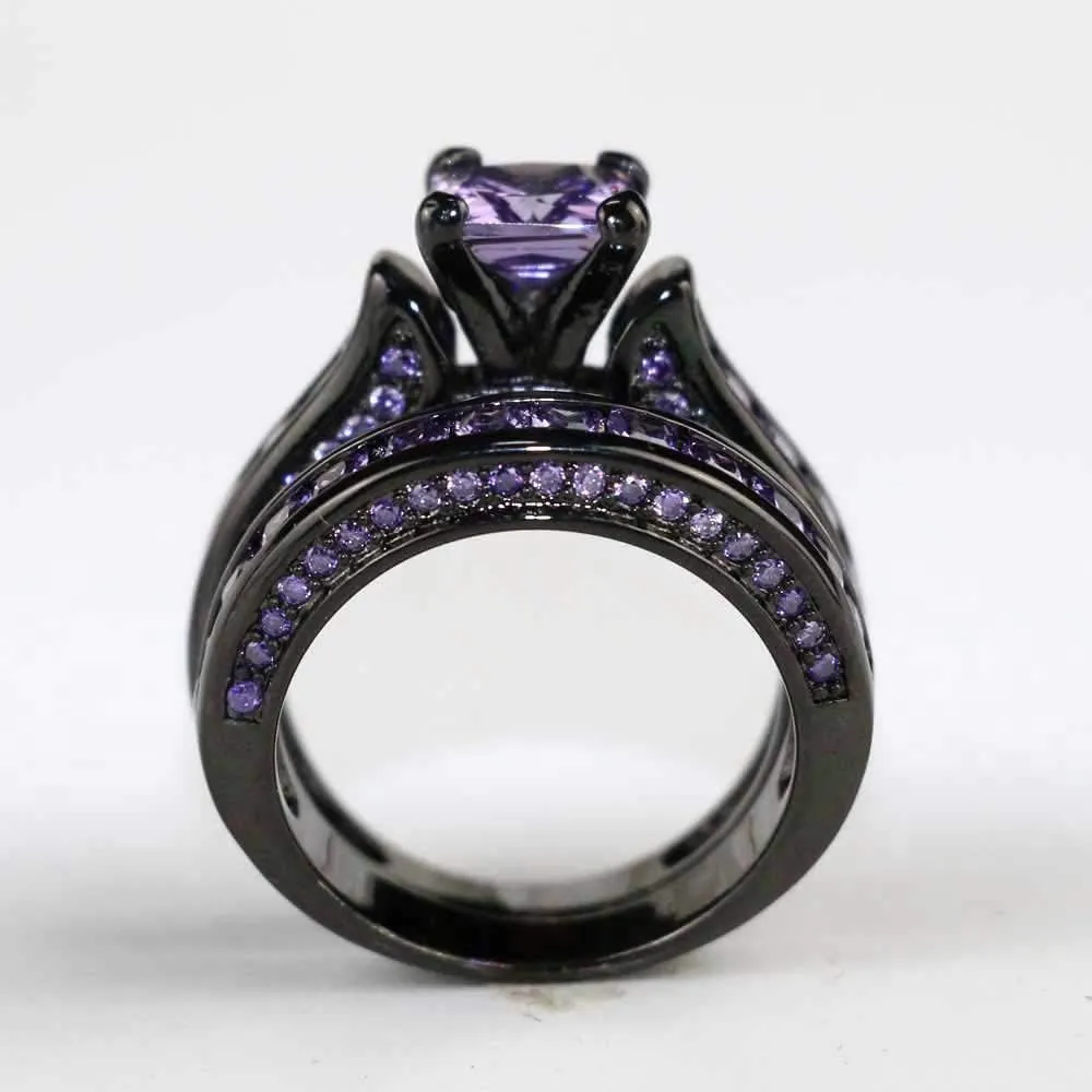 ringheart Luxury Couple Rings Black Gold Filled Princess Cut Purple Cz Womens Wedding Ring Sets Man Tungsten Wedding BandPlease 2 Two Rings for 1 Pair