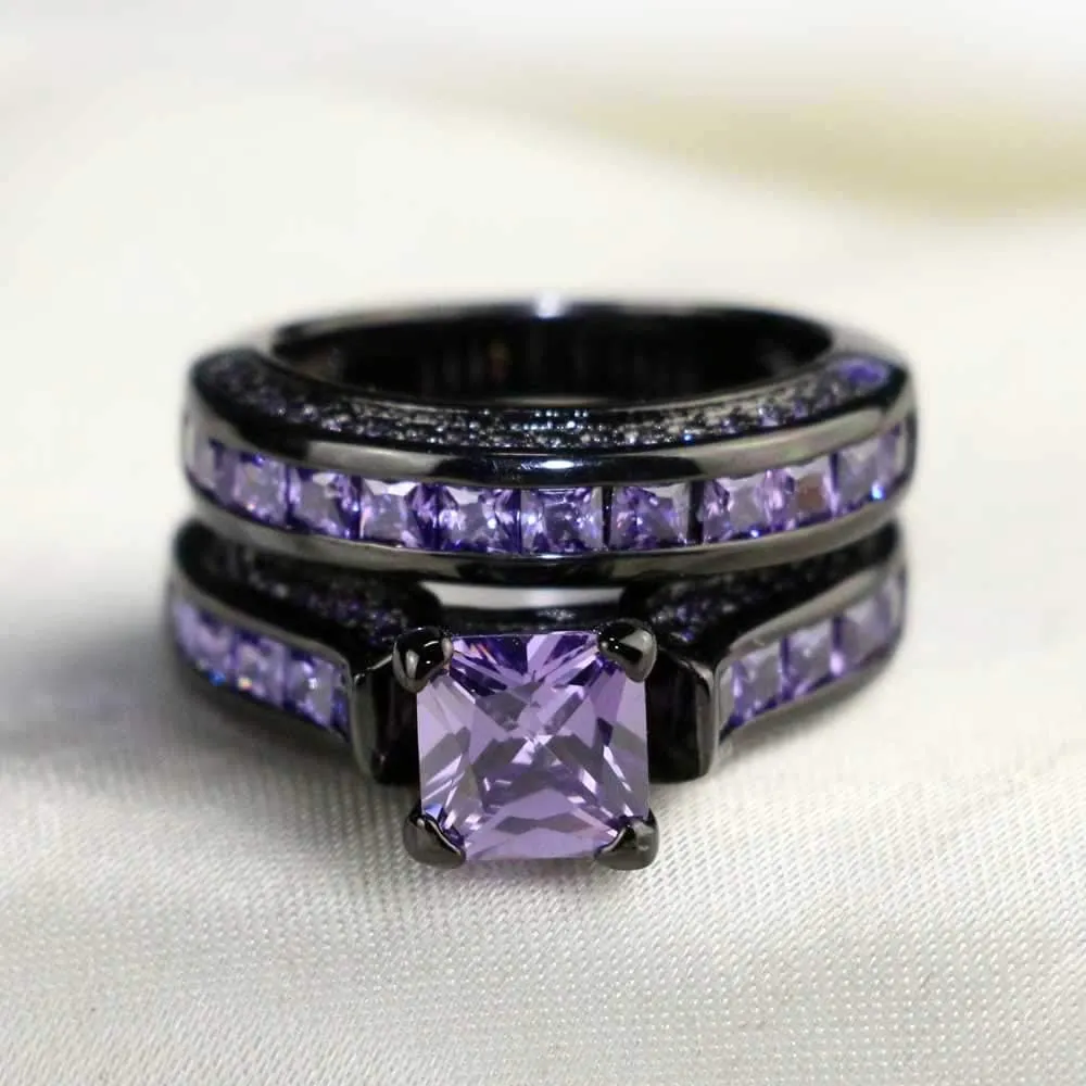 ringheart Luxury Couple Rings Black Gold Filled Princess Cut Purple Cz Womens Wedding Ring Sets Man Tungsten Wedding BandPlease 2 Two Rings for 1 Pair