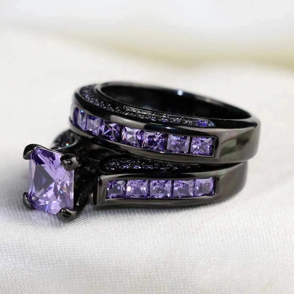 ringheart Luxury Couple Rings Black Gold Filled Princess Cut Purple Cz Womens Wedding Ring Sets Man Tungsten Wedding BandPlease 2 Two Rings for 1 Pair