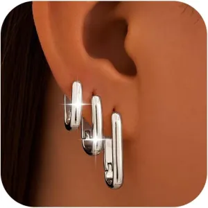 Ritach Sterling Silver Earrings for Women Chunky Silver Square Hoop Earrings Sets Hypoallergenic Geometric Minimalist Rectangle Hoops Jewelry Gifts for Women