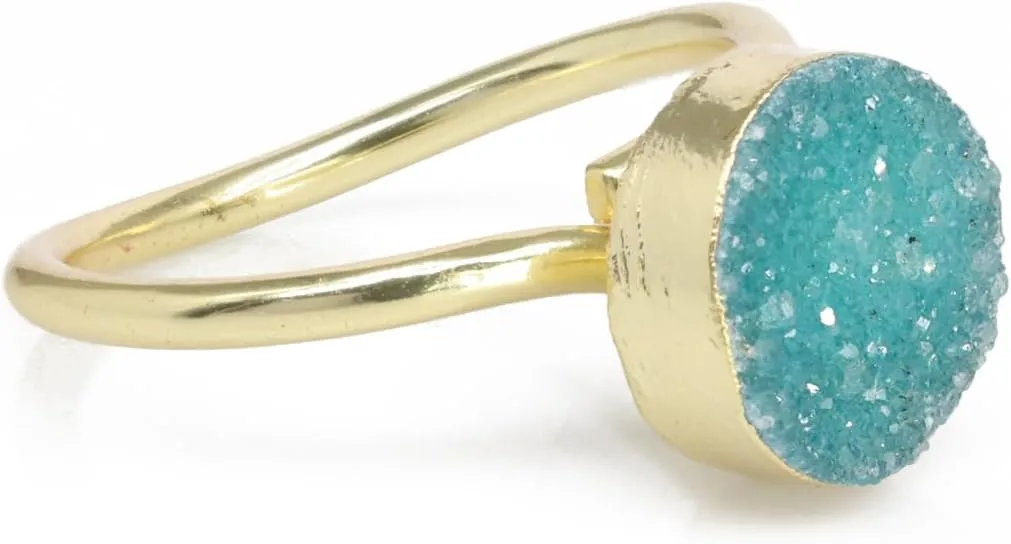 Rock Natural Circle Druzy Rings Sparkling Natural Gemstone Gold Plate over Brass Ring Stone Size 10mm Adjustable Shank US Scale Size 6-8