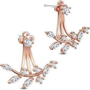 Rose Gold Leaf Earrings with Cz Crystal Ear Jacket Front Back Stud Earring Silver Post Hypoallergenic Jewelry Birthday Gift for Women