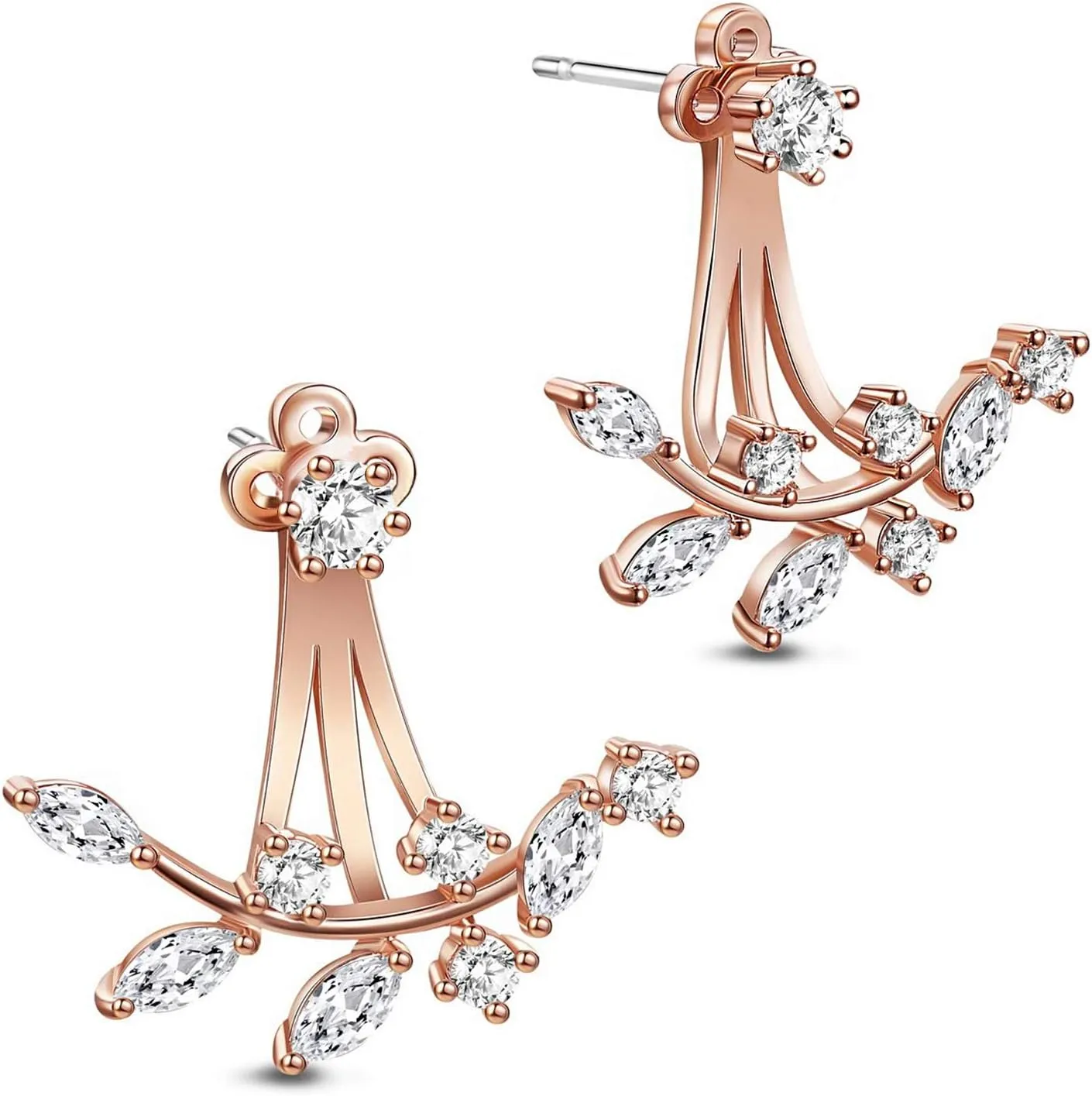 Rose Gold Leaf Earrings with Cz Crystal Ear Jacket Front Back Stud Earring Silver Post Hypoallergenic Jewelry Birthday Gift for Women