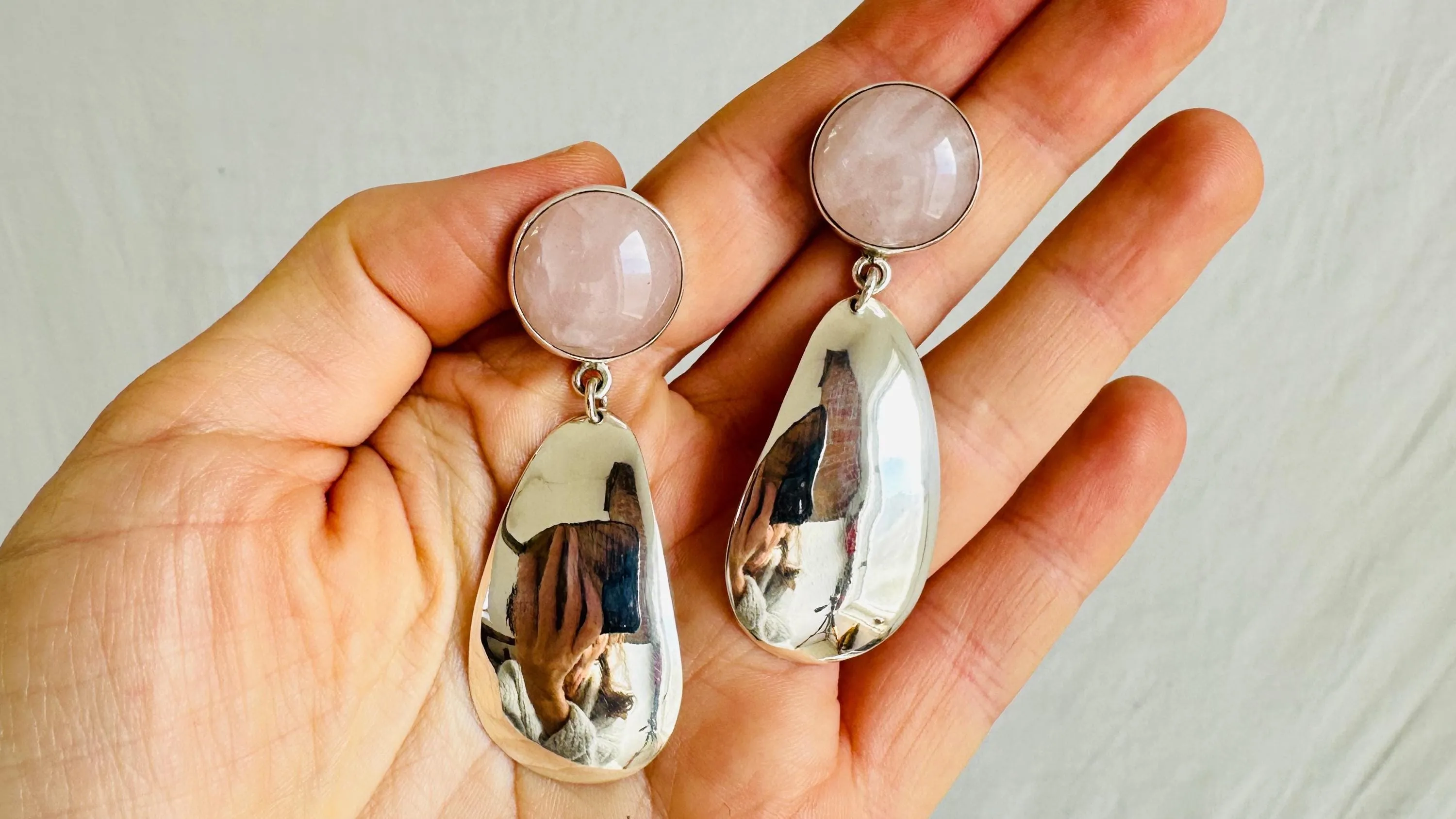 Rose Quartz & Silver Earrings. Hand Crafted Sterling Silver Jewelry. Atelier Aadya. Gift for Her. 4067