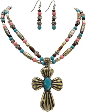 Rosemarie's Religious Gifts Women's Burnished Gold Tone Western Statement Christian Cross Pendant On Natural Stone And Wooden Beaded Necklace Earrings Gift Set,18" 3" Extension