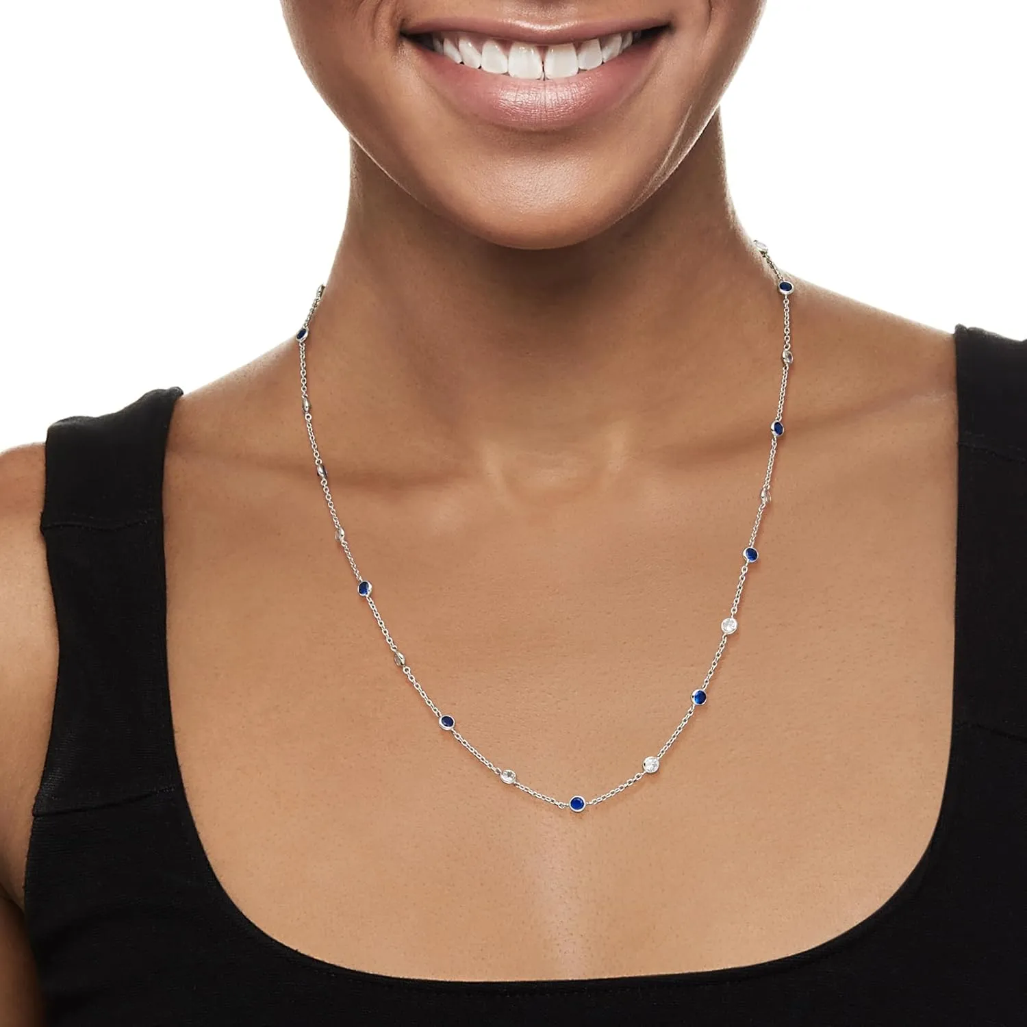 Ross-Simons 2.30 ct. t.w. CZ and 2.00 ct. t.w. Simulated Sapphire Station Necklace in Sterling Silver