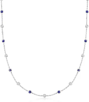 Ross-Simons 2.30 ct. t.w. CZ and 2.00 ct. t.w. Simulated Sapphire Station Necklace in Sterling Silver