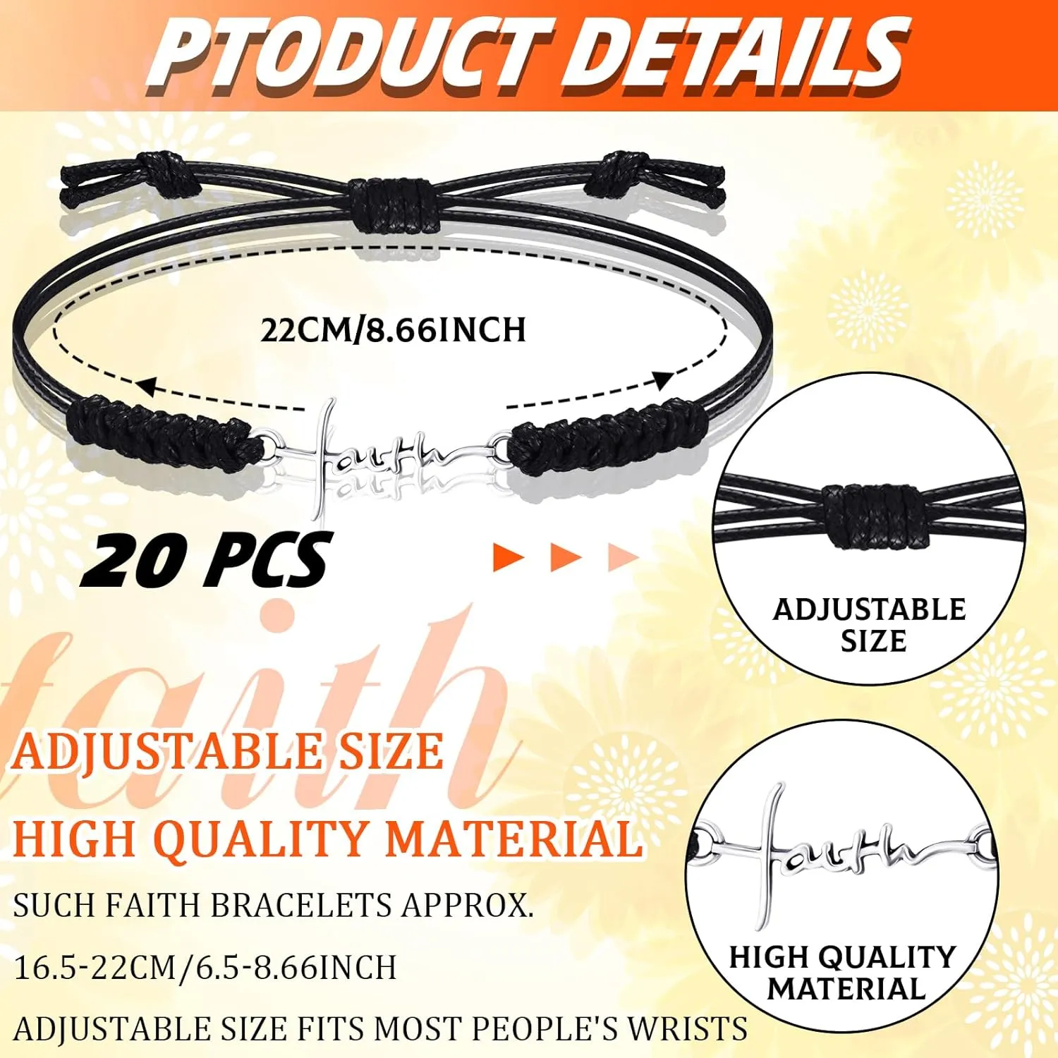 Rtteri 20 Pcs Faith Cross Bracelets Inspirational Birthday Jewelry Gifts Bulk Stainless Steel Hope Charm Adjustable Faith Bracelet Religious Gifts for Women Christian