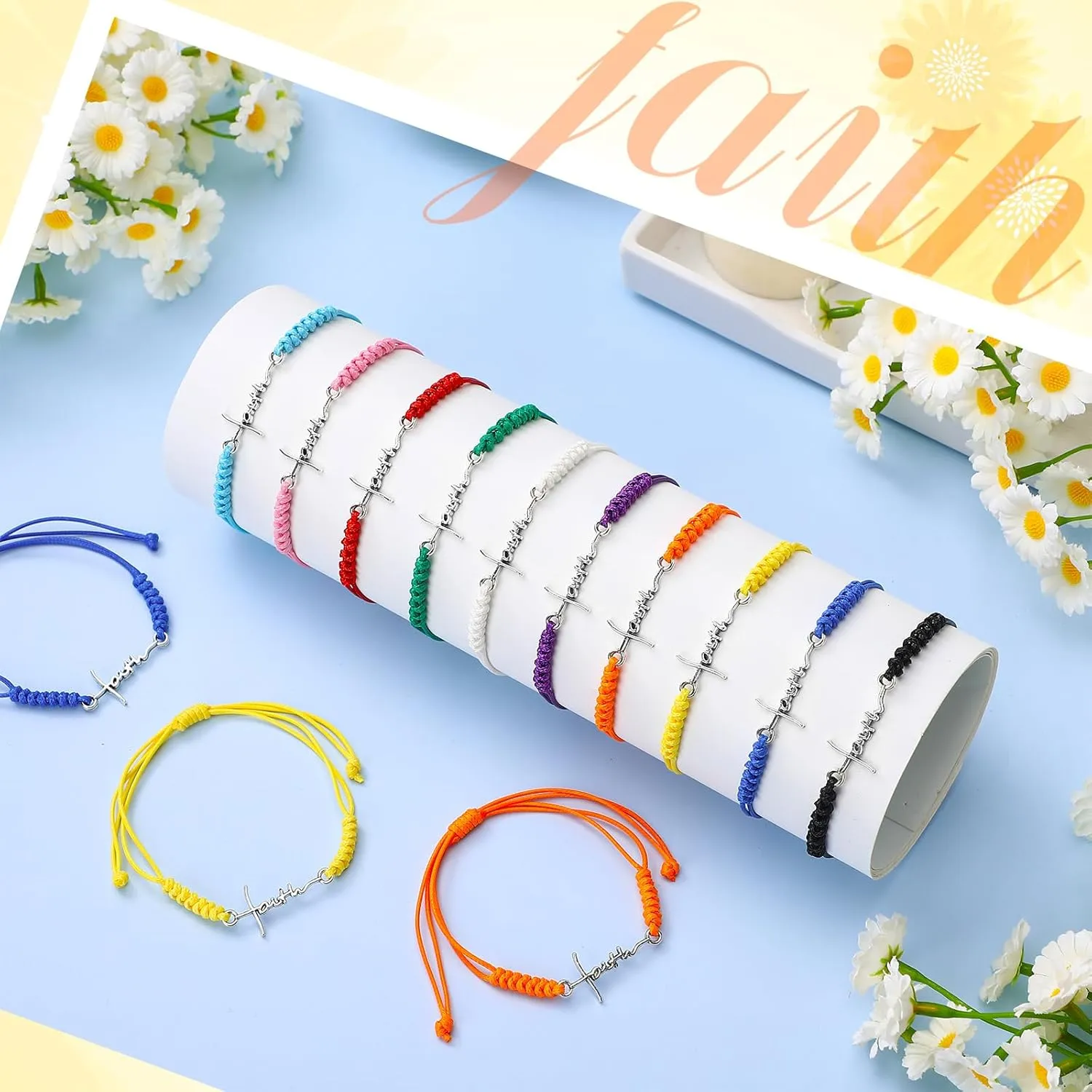 Rtteri 20 Pcs Faith Cross Bracelets Inspirational Birthday Jewelry Gifts Bulk Stainless Steel Hope Charm Adjustable Faith Bracelet Religious Gifts for Women Christian