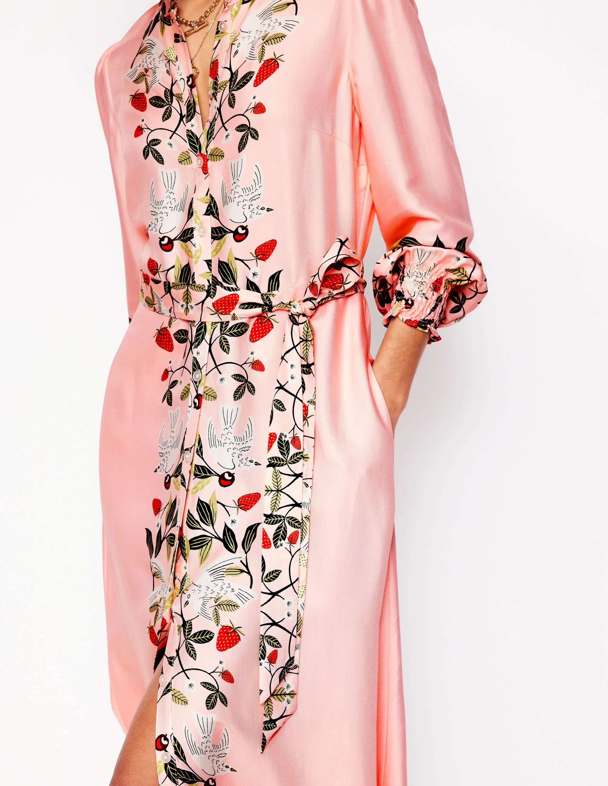 Ruby Collarless Shirt Dress-Pink, Bird Paradise