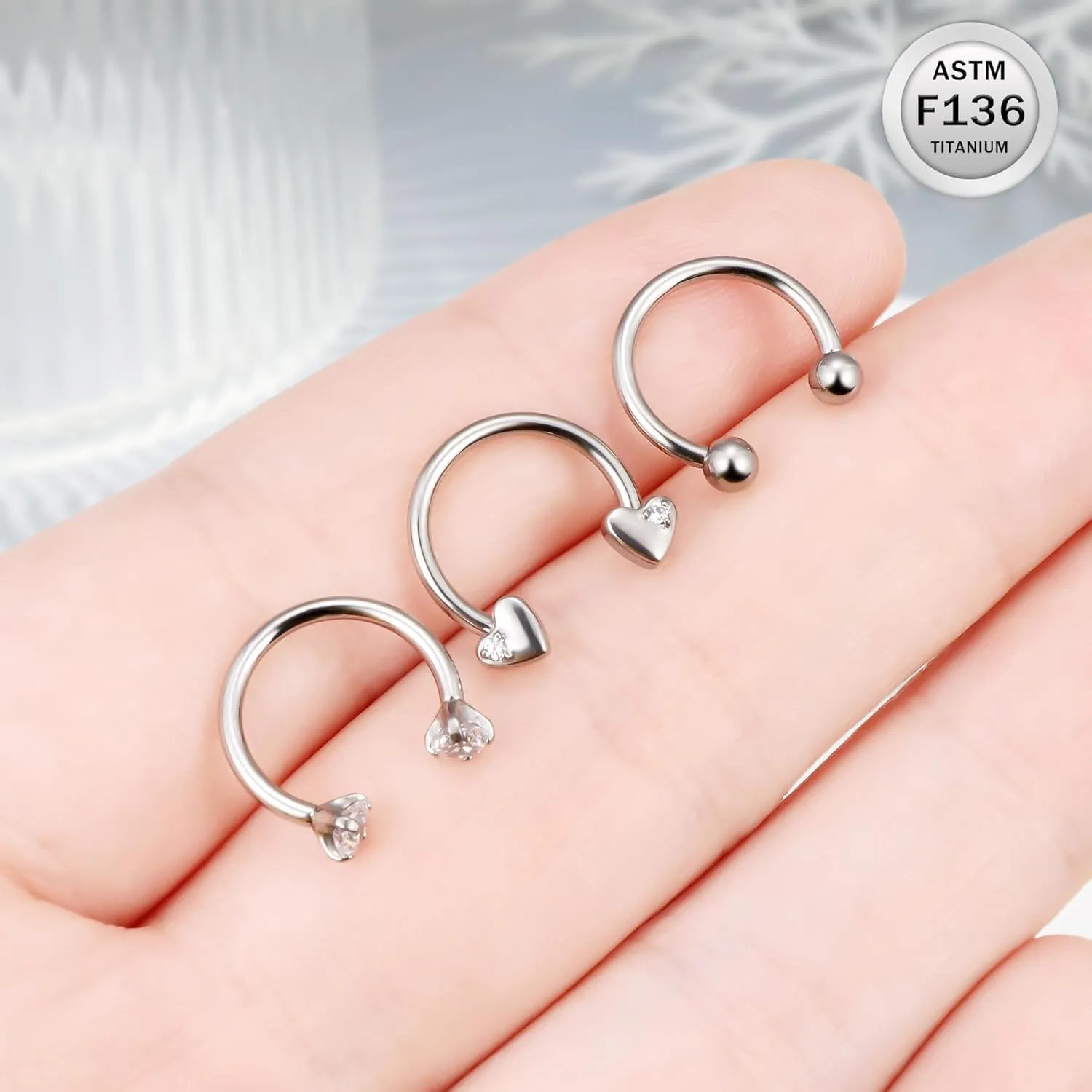 Ruifan Titanium Horseshoe Nose Ring 16G Cubic Zircon Heart Septum Rings Piercing Jewelry Internally Threaded Cartilage Conch Helix Rook Tragus Lip Earring Hoop Eyebrow For Women Men 8mm 10mm