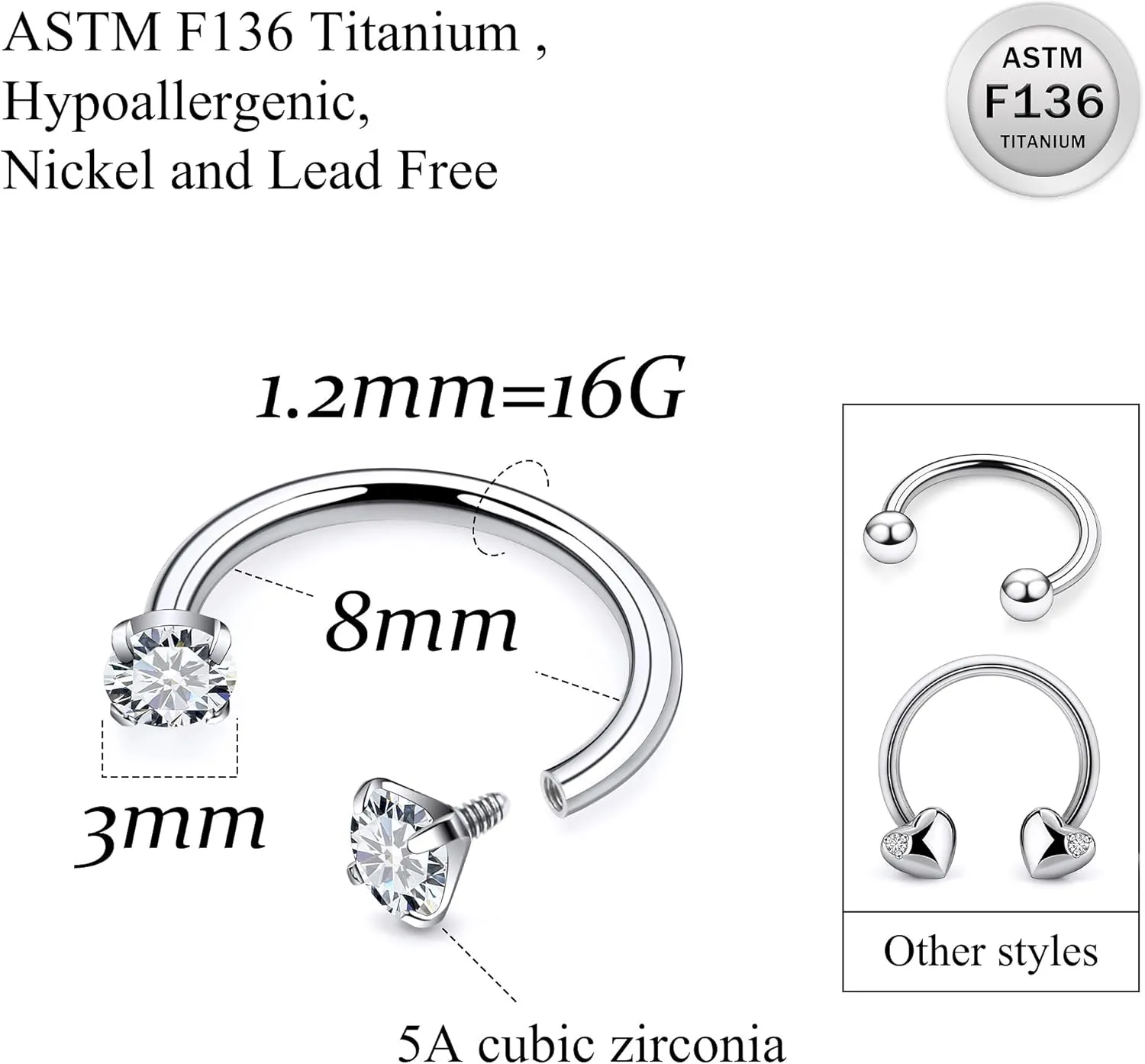 Ruifan Titanium Horseshoe Nose Ring 16G Cubic Zircon Heart Septum Rings Piercing Jewelry Internally Threaded Cartilage Conch Helix Rook Tragus Lip Earring Hoop Eyebrow For Women Men 8mm 10mm