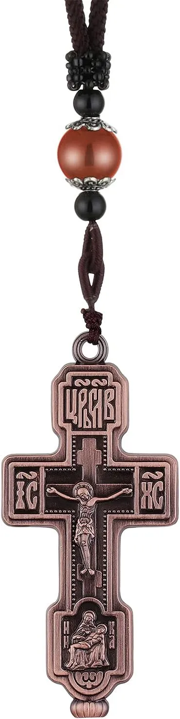 Russian Orthodox Cross Pendant Crucifix Pieta Necklace, 27.56 Inch Braided Rope Chain, 4 Colors
