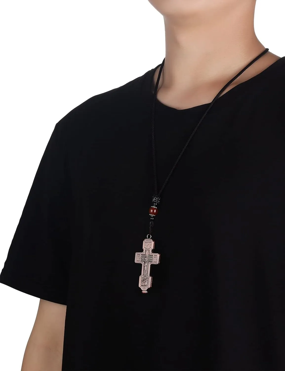 Russian Orthodox Cross Pendant Crucifix Pieta Necklace, 27.56 Inch Braided Rope Chain, 4 Colors