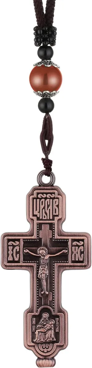 Russian Orthodox Cross Pendant Crucifix Pieta Necklace, 27.56 Inch Braided Rope Chain, 4 Colors