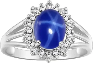 Rylos Ladies Princess Diana Inspired Halo Ring Blue Star Sapphire & Genuine Sparkling Diamonds in Sterling Silver .925-9X7MM Color Stone