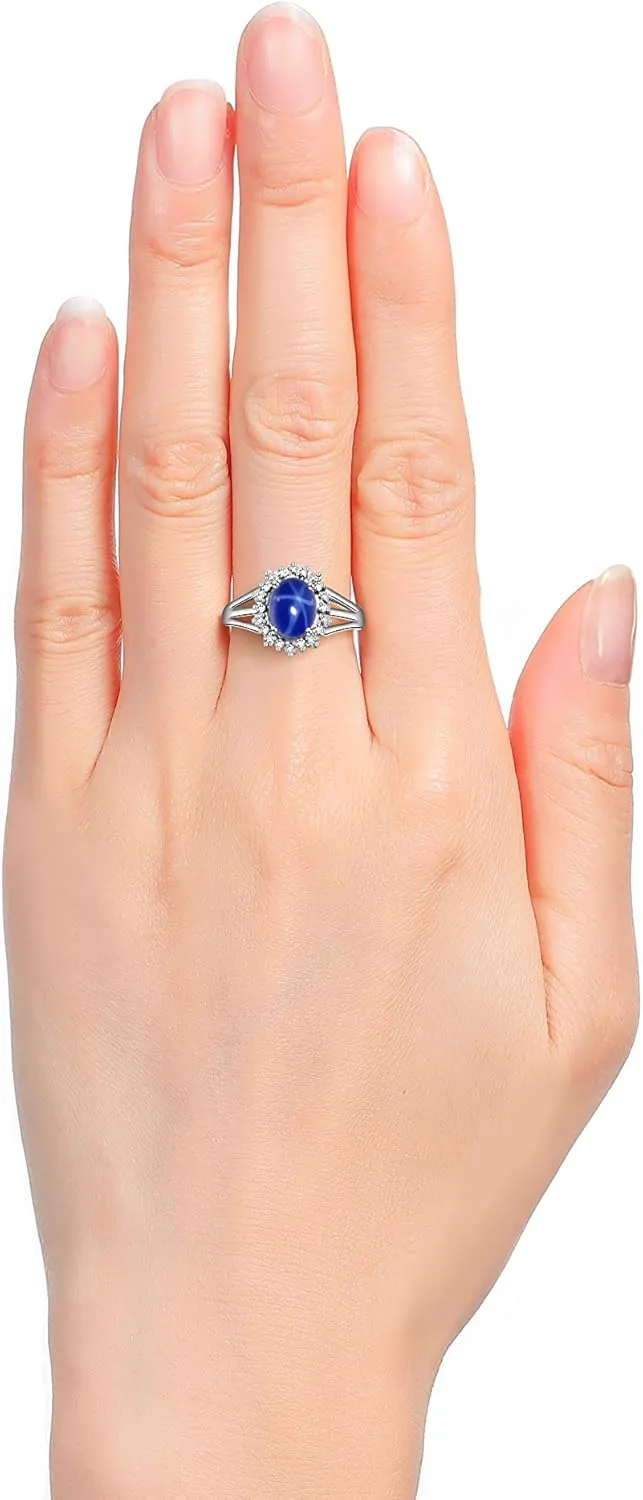Rylos Ladies Princess Diana Inspired Halo Ring Blue Star Sapphire & Genuine Sparkling Diamonds in Sterling Silver .925-9X7MM Color Stone