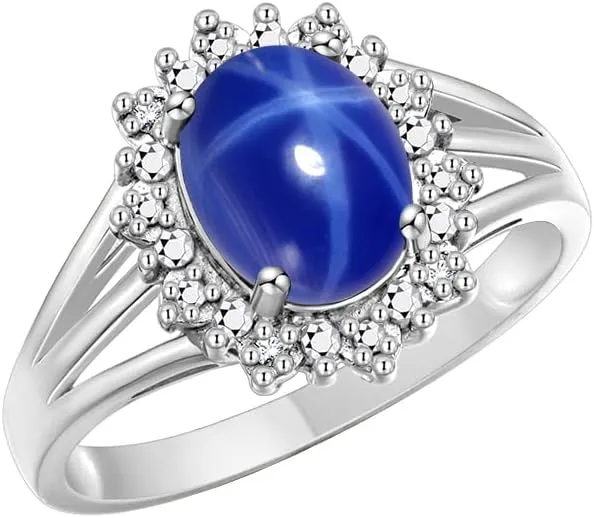 Rylos Ladies Princess Diana Inspired Halo Ring Blue Star Sapphire & Genuine Sparkling Diamonds in Sterling Silver .925-9X7MM Color Stone