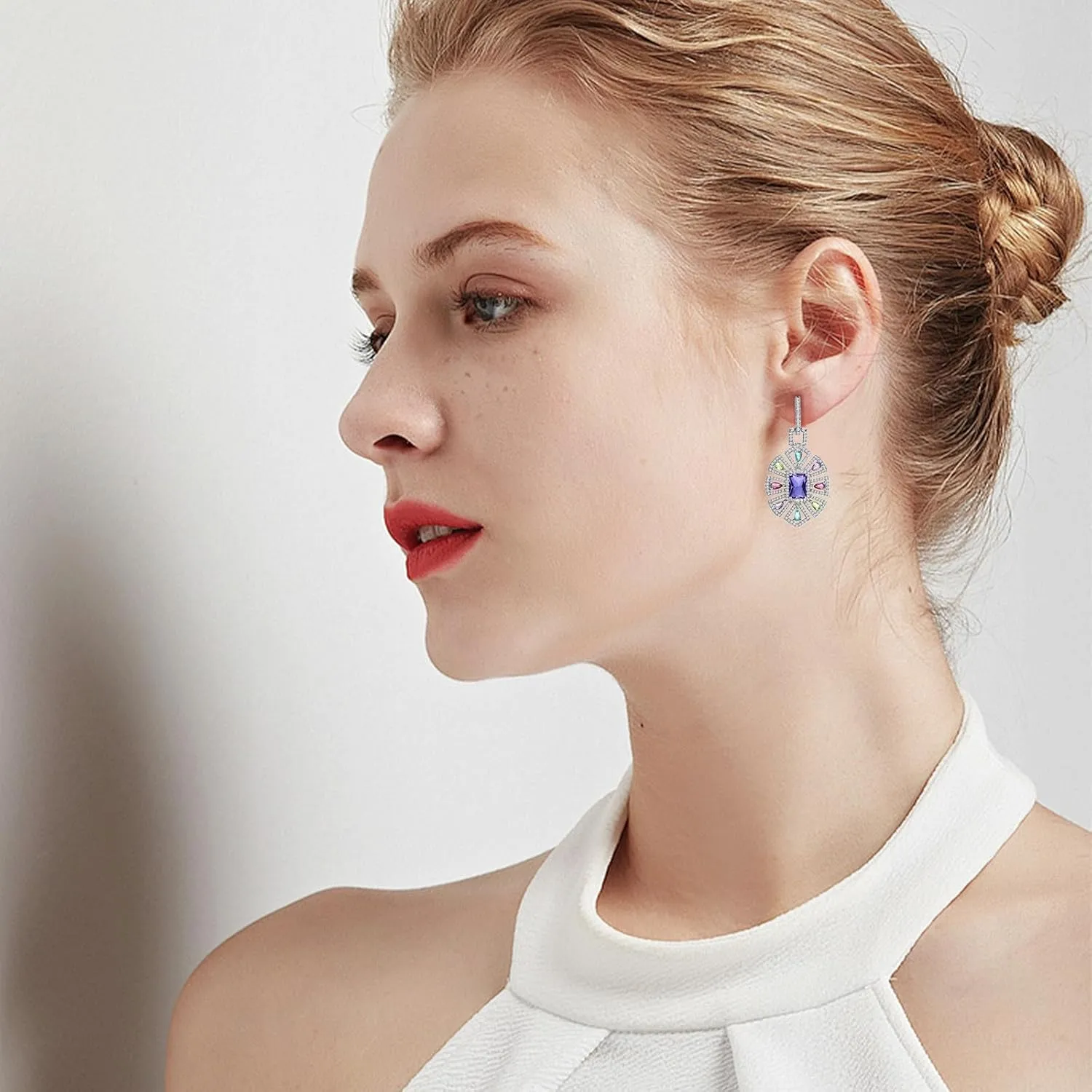 S925 Sterling Silver Colorful Geometric Crystal Drop Earrings for Women Cubic Zirconia Hypoallergenic Dangle Earrings Fine Jewelry Gift for Prom Party Wedding