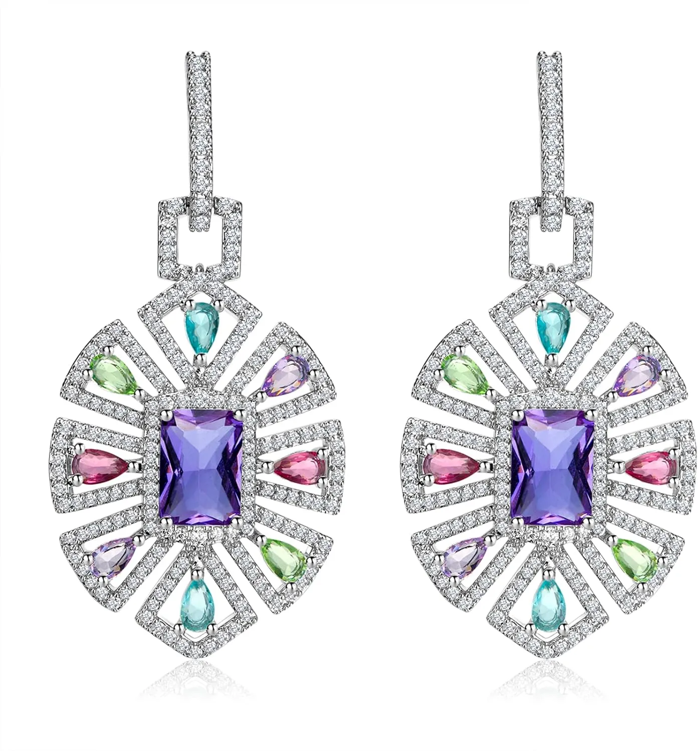 S925 Sterling Silver Colorful Geometric Crystal Drop Earrings for Women Cubic Zirconia Hypoallergenic Dangle Earrings Fine Jewelry Gift for Prom Party Wedding