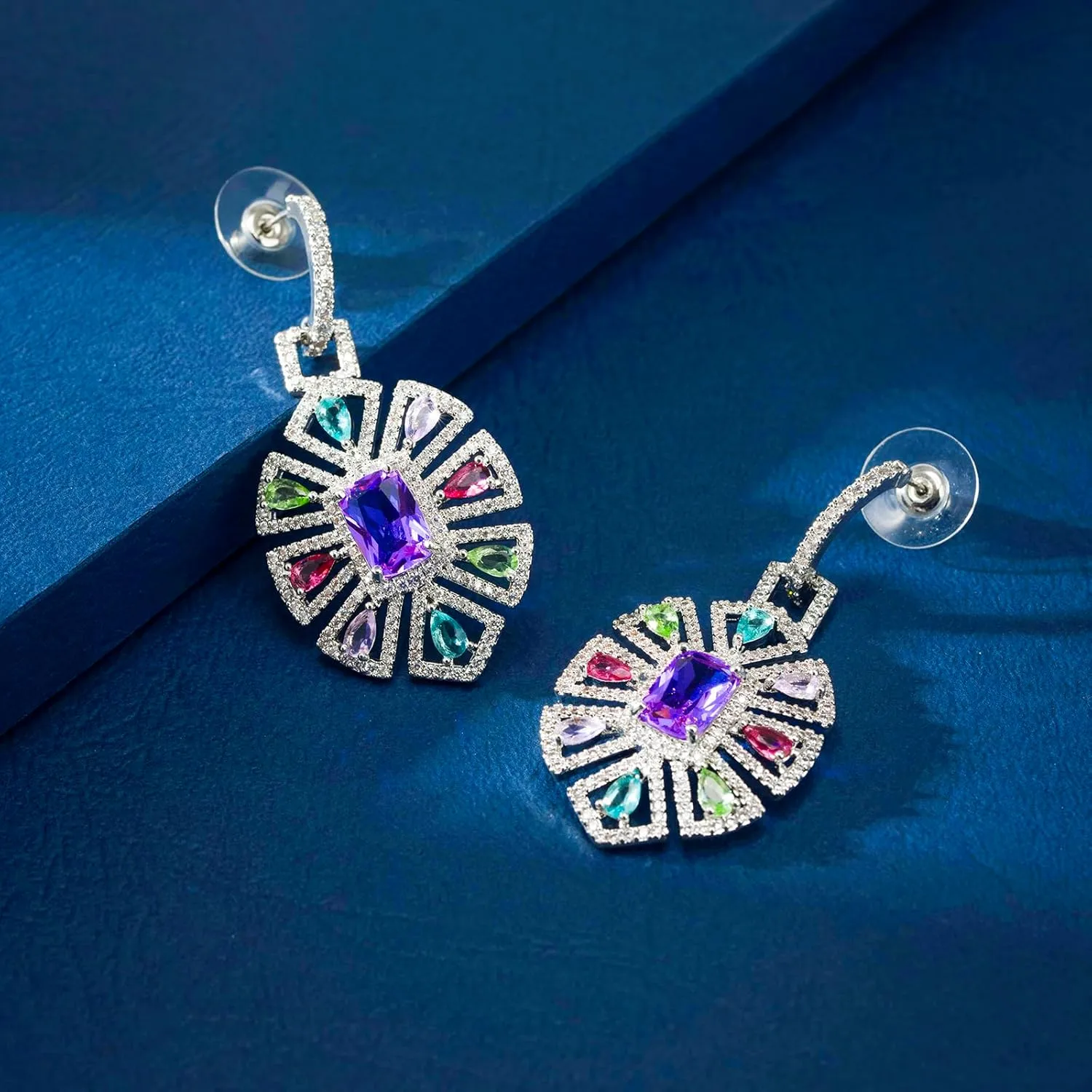 S925 Sterling Silver Colorful Geometric Crystal Drop Earrings for Women Cubic Zirconia Hypoallergenic Dangle Earrings Fine Jewelry Gift for Prom Party Wedding