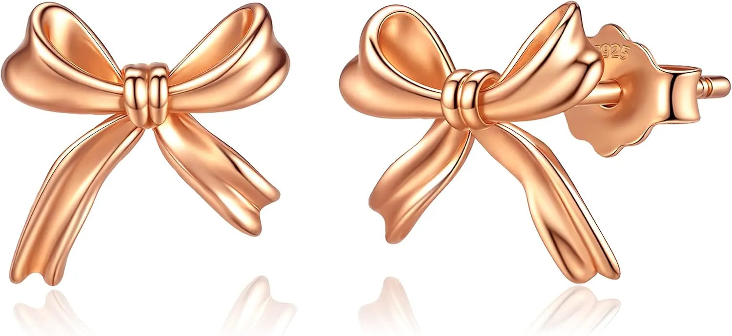 S925 Sterling Silver Gold Bow Earrings for Women Minimalist Bow Stud Earrings Set Dainty Bowknot Ribbon Earrings Jewelry with Pink Box