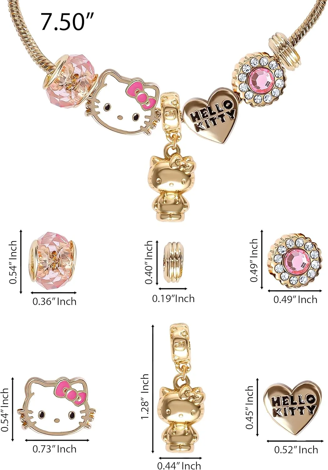 SALLY ROSE Charm Bracelets for Women, 7" Charm Bracelet with 6 Charms Featuring Hello Kitty, Stitch, and Minnie Mouse Official License