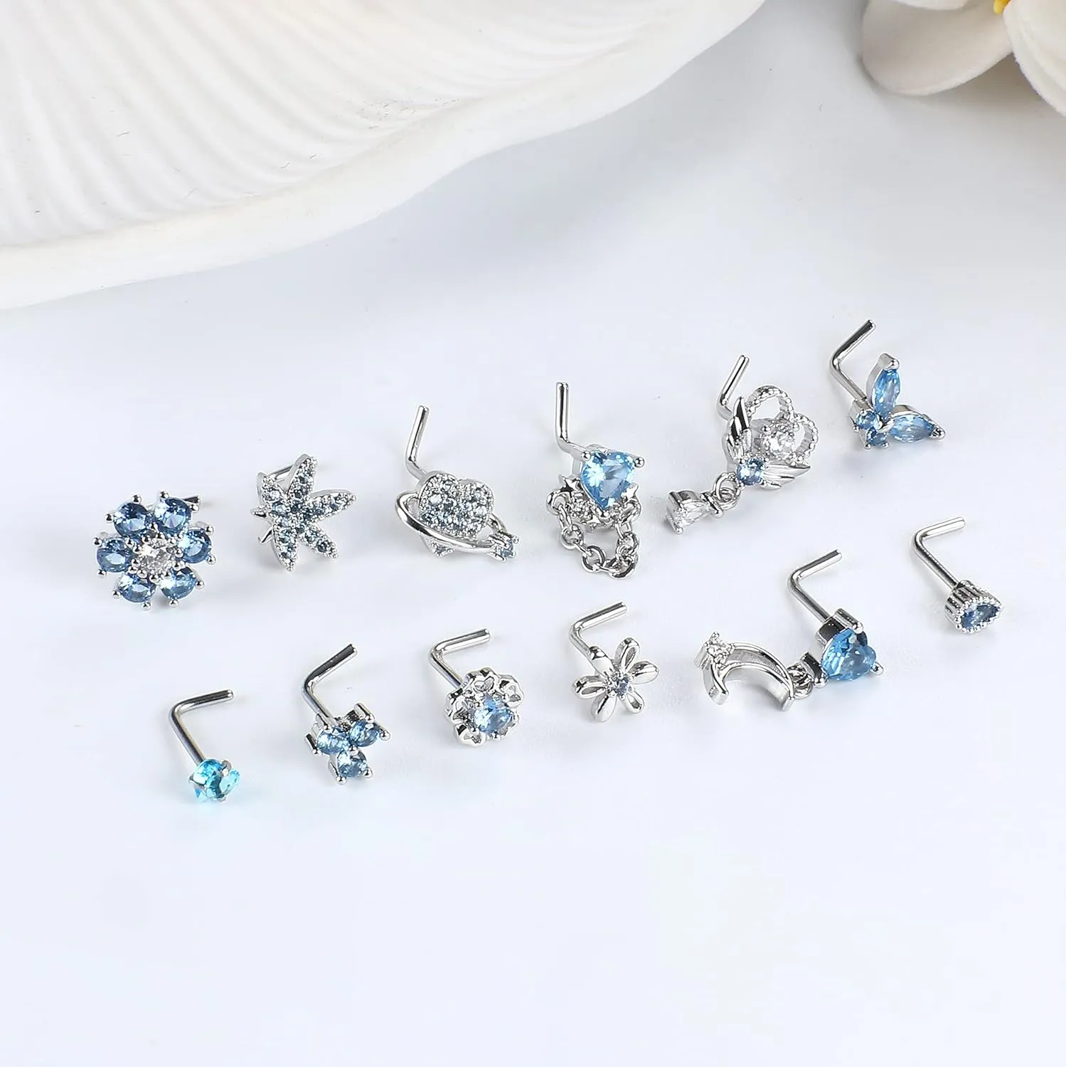 Sanfenly 12 PCS 20G Nose Rings Surgical Stainless Steel, L Shaped Nose Studs for Women Men, CZ Heart Butterfly Flower Leaf Moon Dangle Cute Nose Piercings Studs Screw Jewelry Pink/Purple/Blue/Clear