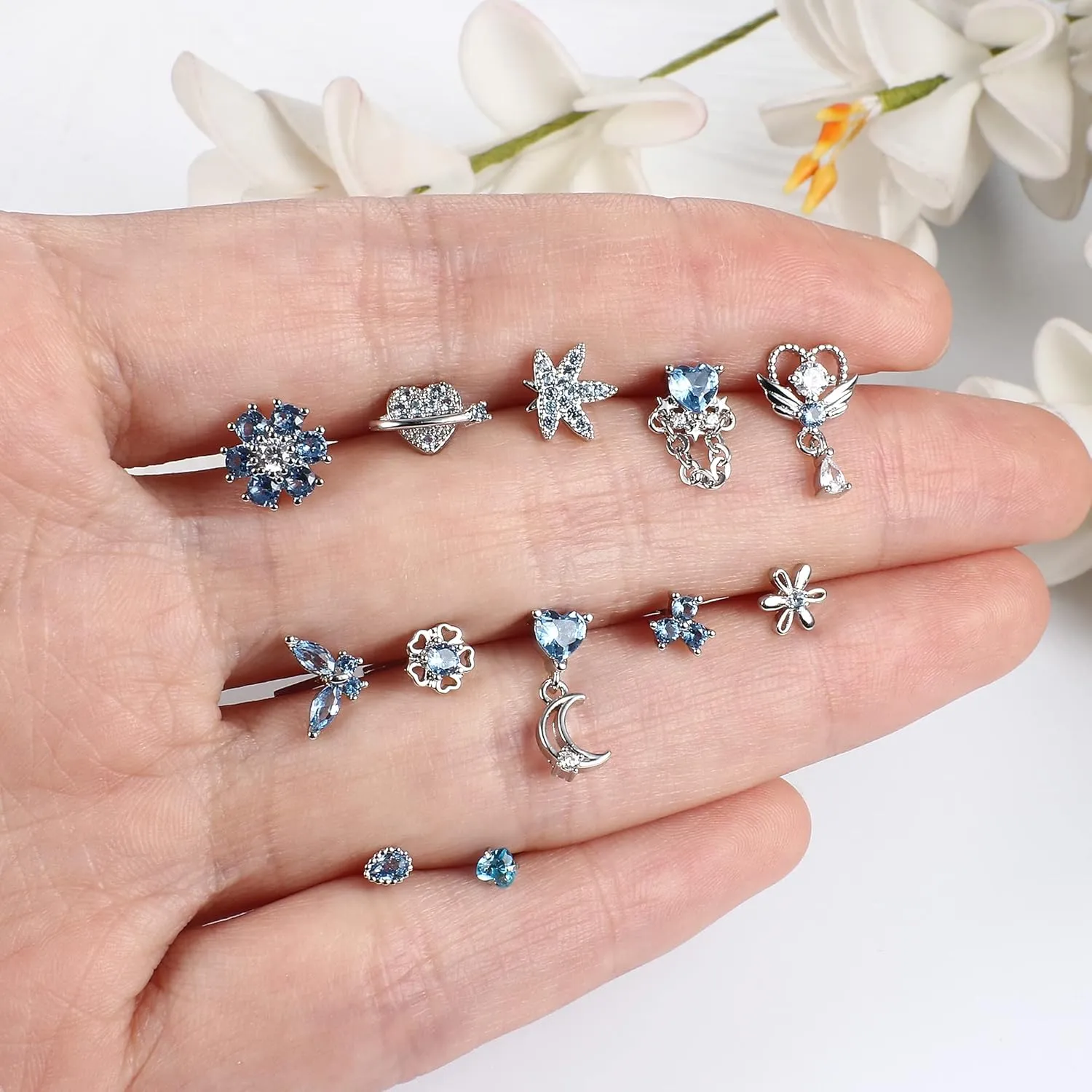 Sanfenly 12 PCS 20G Nose Rings Surgical Stainless Steel, L Shaped Nose Studs for Women Men, CZ Heart Butterfly Flower Leaf Moon Dangle Cute Nose Piercings Studs Screw Jewelry Pink/Purple/Blue/Clear