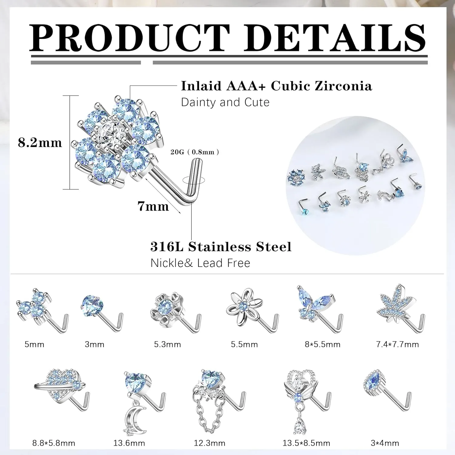 Sanfenly 12 PCS 20G Nose Rings Surgical Stainless Steel, L Shaped Nose Studs for Women Men, CZ Heart Butterfly Flower Leaf Moon Dangle Cute Nose Piercings Studs Screw Jewelry Pink/Purple/Blue/Clear