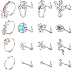 Sanfenly 16Pcs 20G Nose Rings Dangle Nose Ring L Shaped for Women Men Stainless Steel Dangling Heart Butterfly Moon CZ Nose Rings Hoops Studs Nose Piercing Jewelry Gold Rose Gold Silver Black