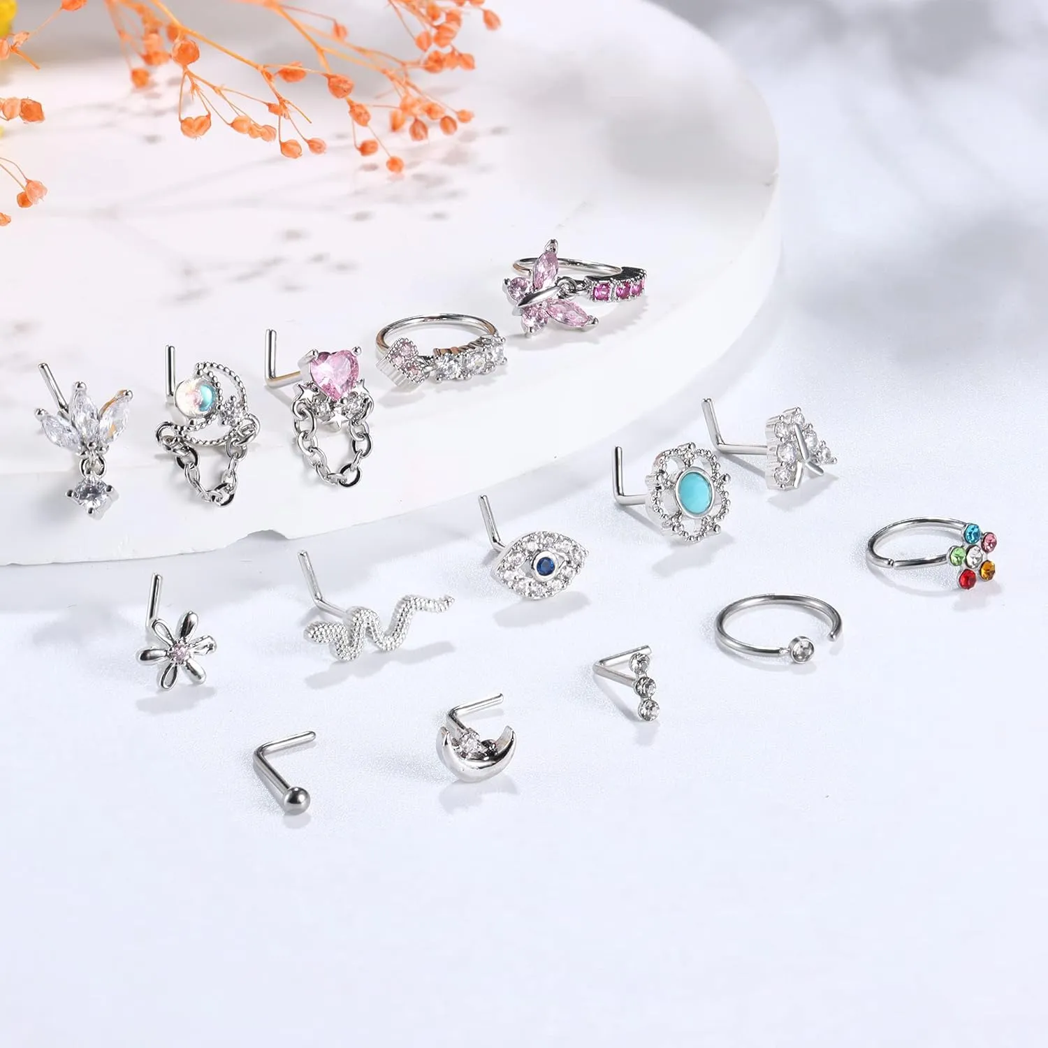 Sanfenly 16Pcs 20G Nose Rings Dangle Nose Ring L Shaped for Women Men Stainless Steel Dangling Heart Butterfly Moon CZ Nose Rings Hoops Studs Nose Piercing Jewelry Gold Rose Gold Silver Black