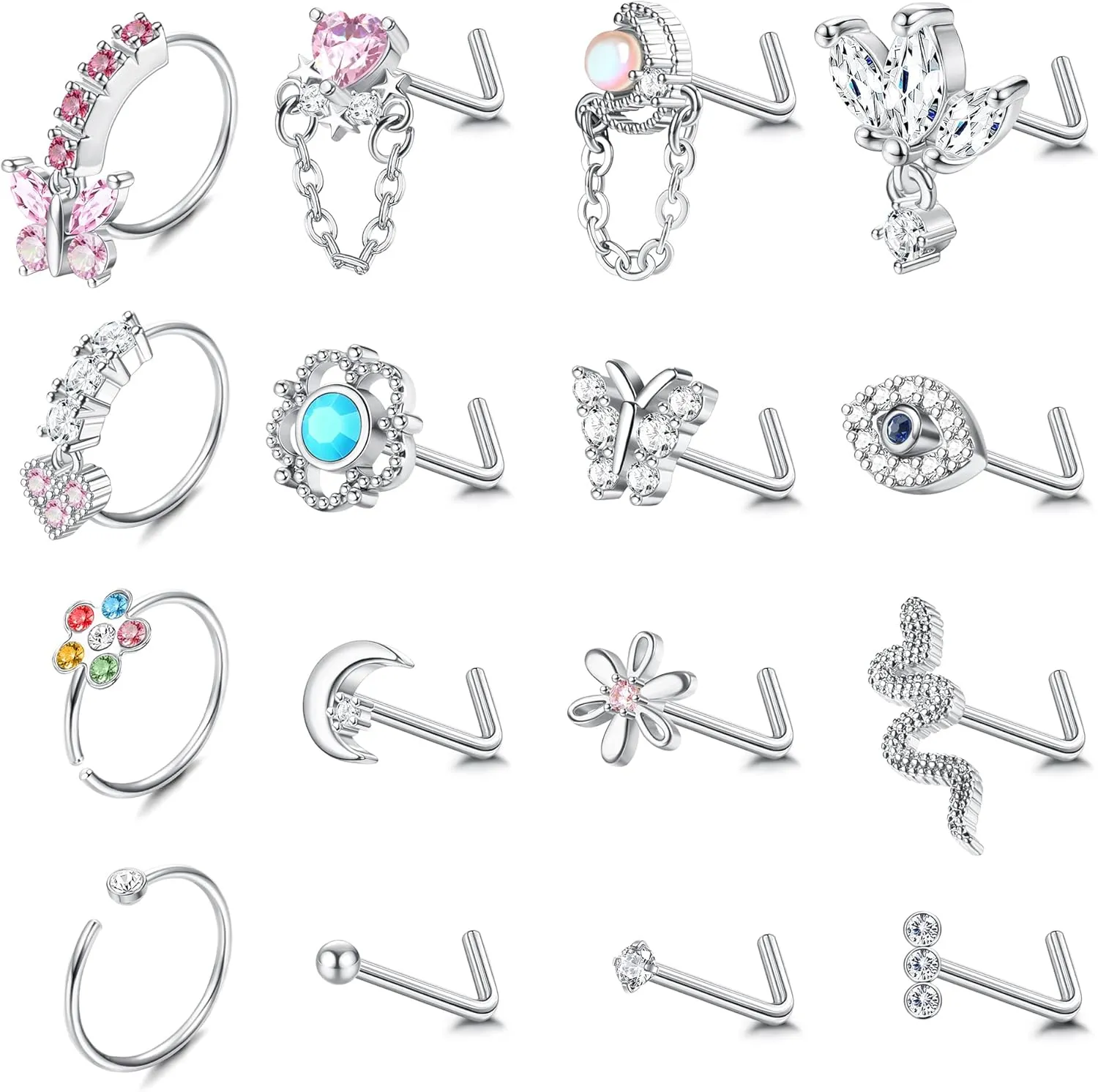 Sanfenly 16Pcs 20G Nose Rings Dangle Nose Ring L Shaped for Women Men Stainless Steel Dangling Heart Butterfly Moon CZ Nose Rings Hoops Studs Nose Piercing Jewelry Gold Rose Gold Silver Black