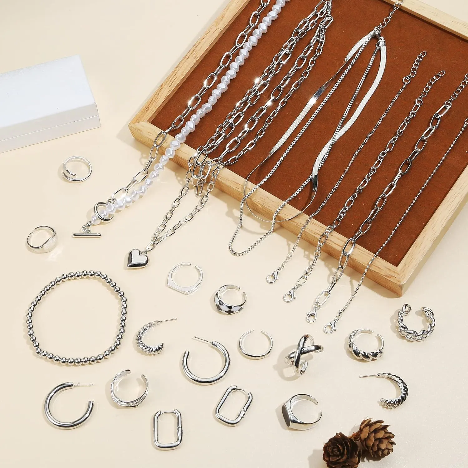 Sanfenly Jewelry Set with 3 PCS Necklaces, 5 PCS Bracelets, 3 Pairs Hoop Earrings, 10 Pcs Chunky Rings Jewelry Pack for Women Valentine Anniversary Birthday Friendship Gift