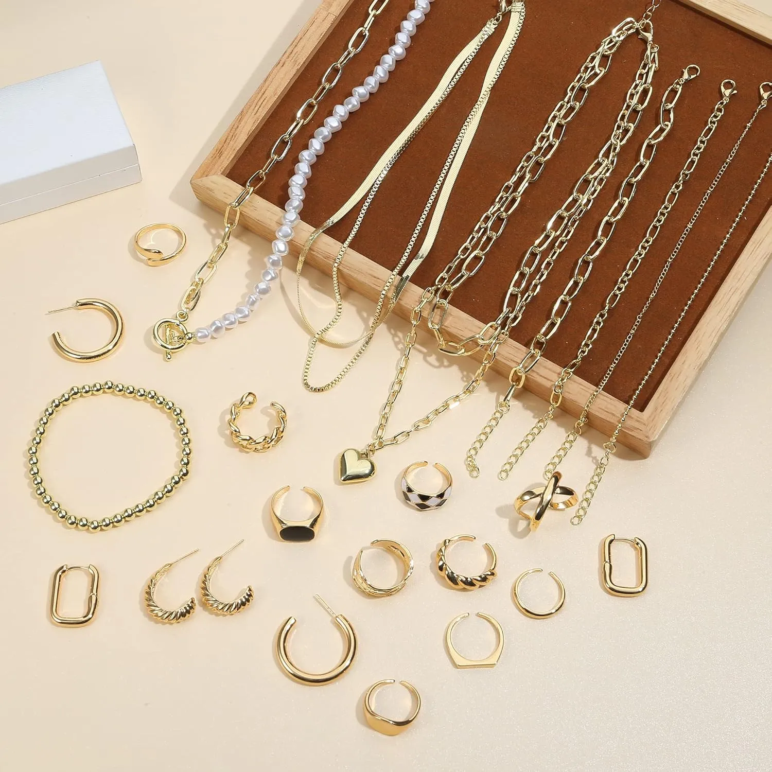 Sanfenly Jewelry Set with 3 PCS Necklaces, 5 PCS Bracelets, 3 Pairs Hoop Earrings, 10 Pcs Chunky Rings Jewelry Pack for Women Valentine Anniversary Birthday Friendship Gift