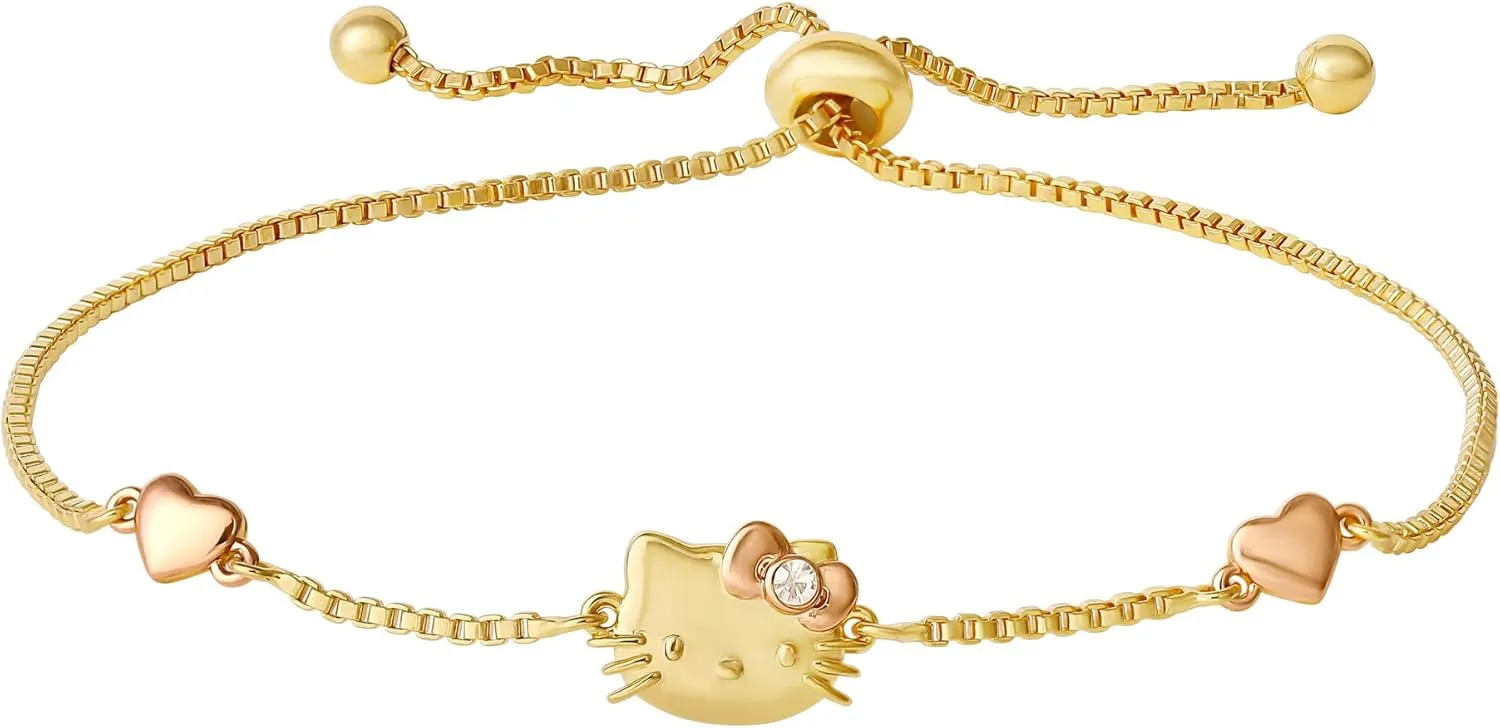 Sanrio Kitty Bracelet for Women Official License, 18k Gold Flash-Plated Lariat Bracelet with Crystal and Two-Tone Hearts