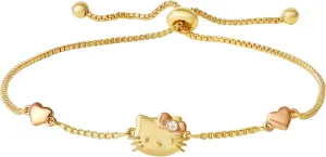 Sanrio Kitty Bracelet for Women Official License, 18k Gold Flash-Plated Lariat Bracelet with Crystal and Two-Tone Hearts